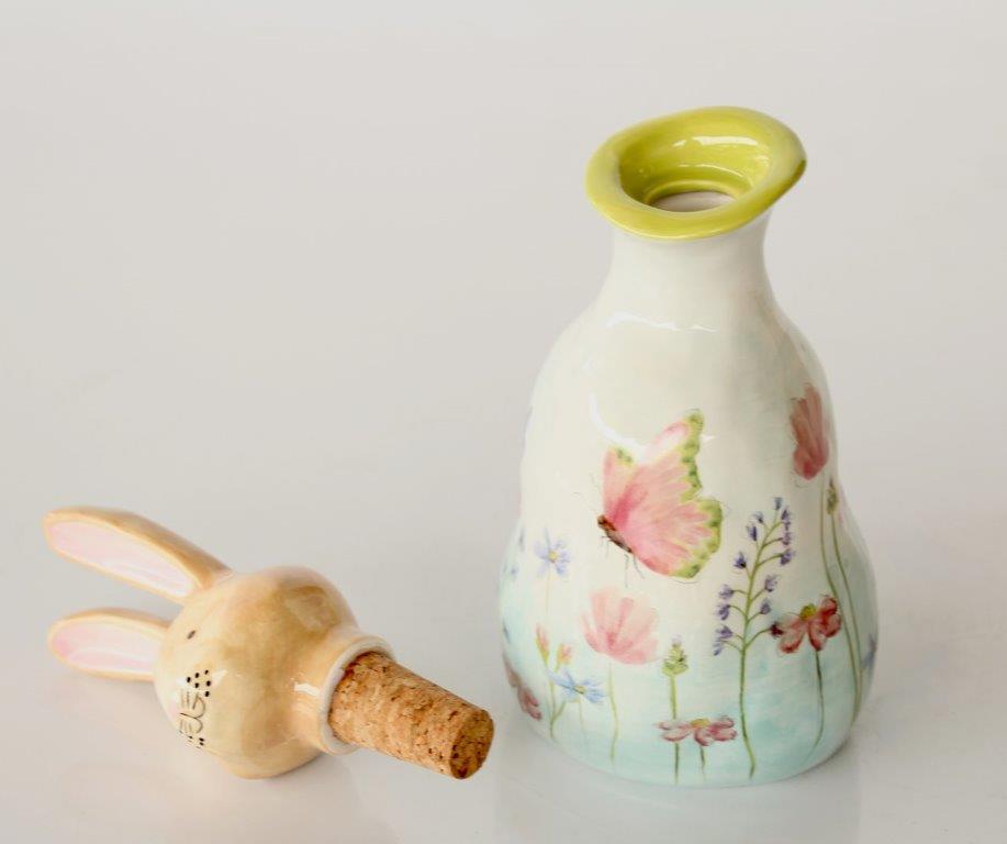 Medium Ceramic Bottle Bunny Head Green & Butterfly Design